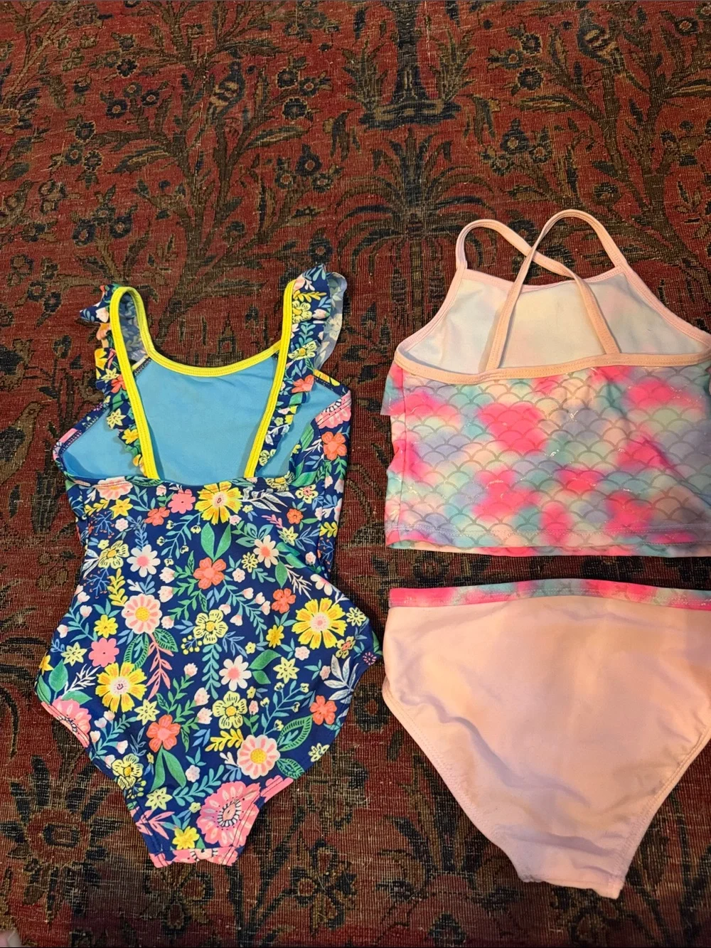 Girls Floral One-Piece Swimsuit + Pink Pastel Mermaid Tankini Set
